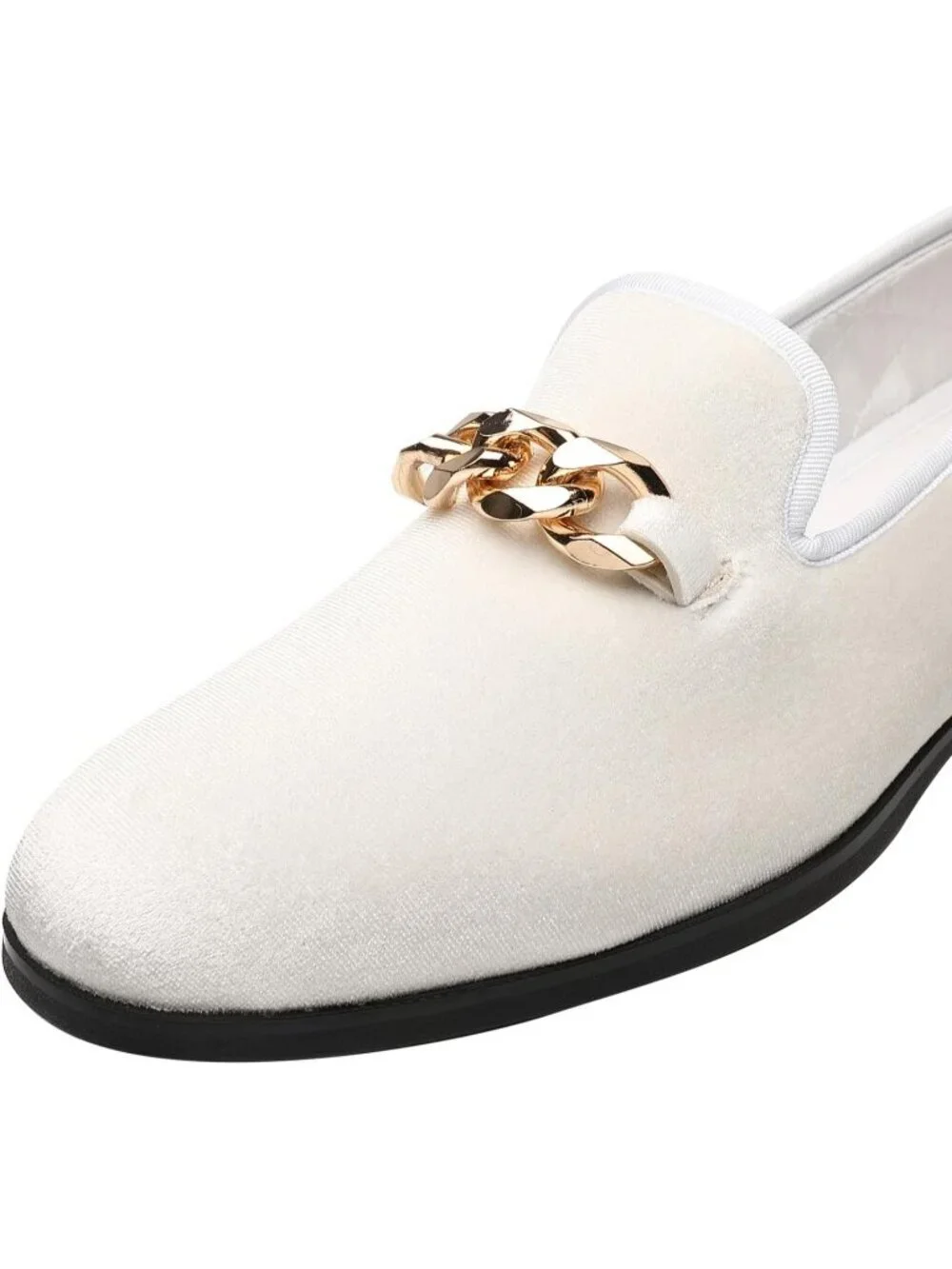 FOEVTRUE Men's White Velvet Loafers Gold Chain Buckle Slip On Fashion Shoes
